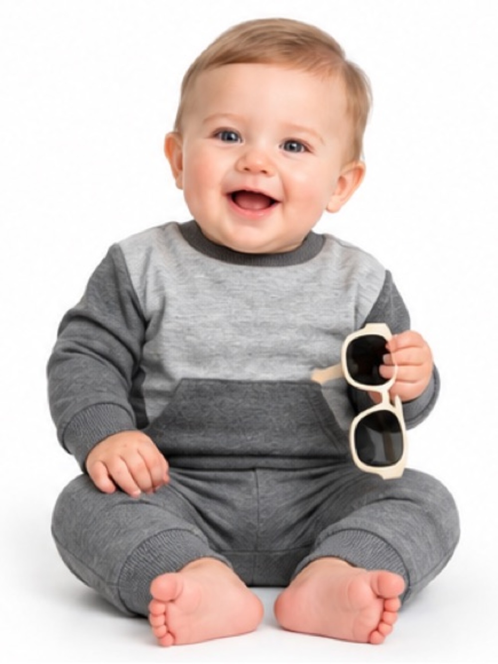 NEW - RZ Grey Two-Tone Sweatshirt, Onsie, Sunglasses & Jogger Set - Grey 3/6M
